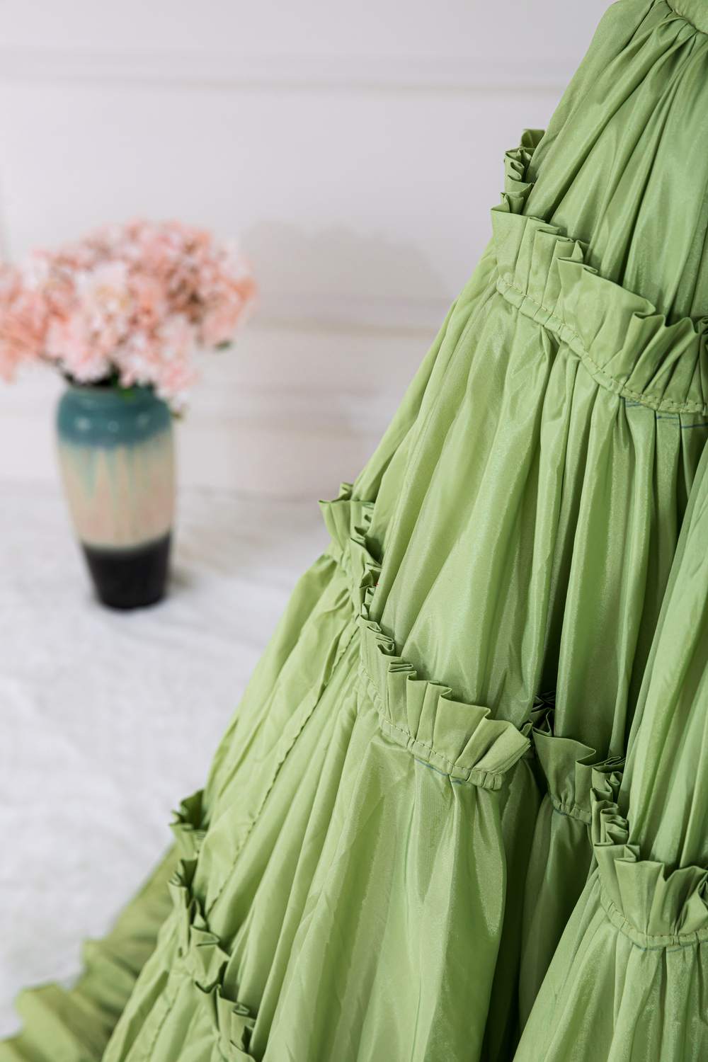 Green Plunging V Two-Piece Ruffle Layers A-line Long Prom Dress