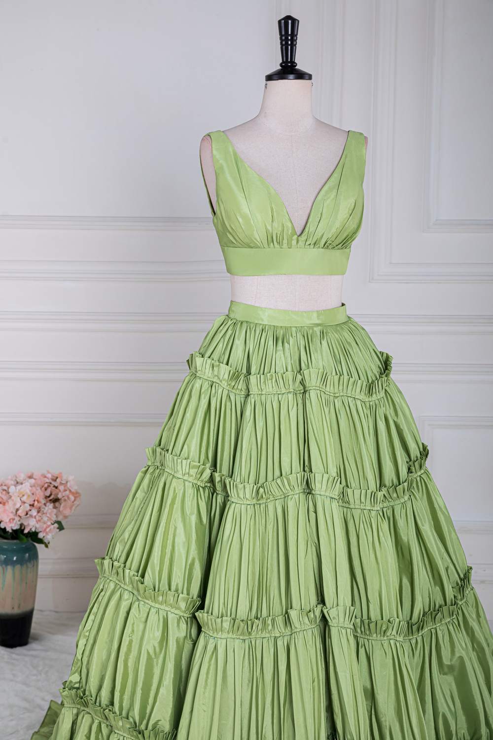 Green Plunging V Two-Piece Ruffle Layers A-line Long Prom Dress