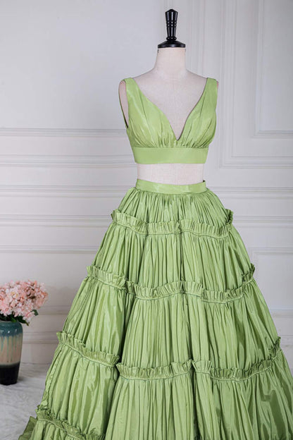 Green Plunging V Two-Piece Ruffle Layers A-line Long Prom Dress