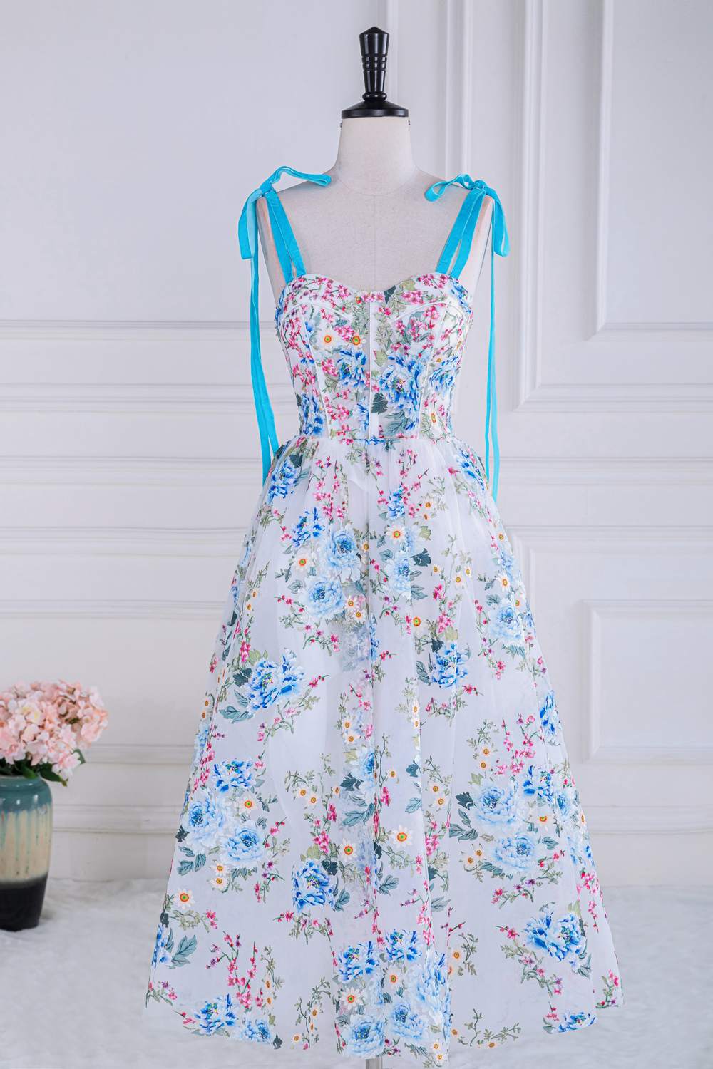 Blue and White Bow Tie Straps Floral Tea-Length Prom Dress