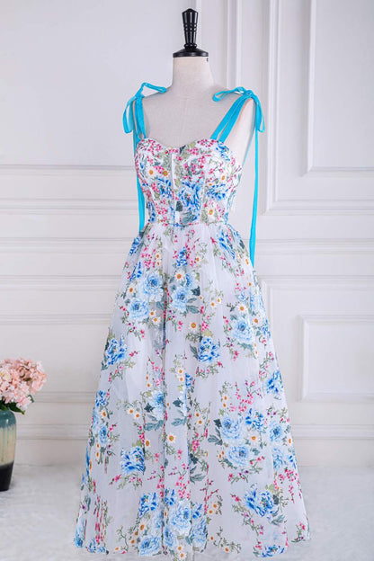 Blue and White Bow Tie Straps Floral Tea-Length Prom Dress