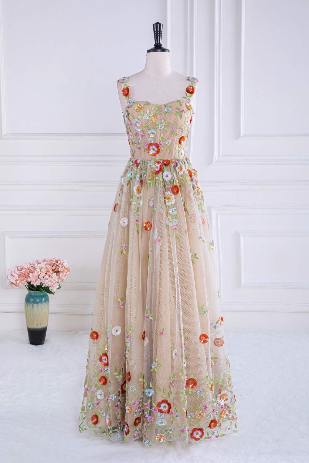 Dusty Pink Sequined Floral A-line Tulle Long Prom Dress