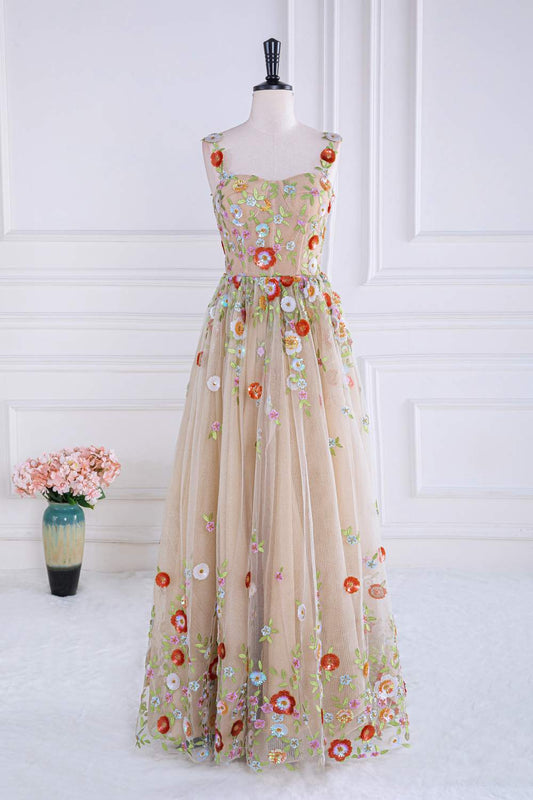 Dusty Pink Sequined Floral A-line Tulle Long Prom Dress