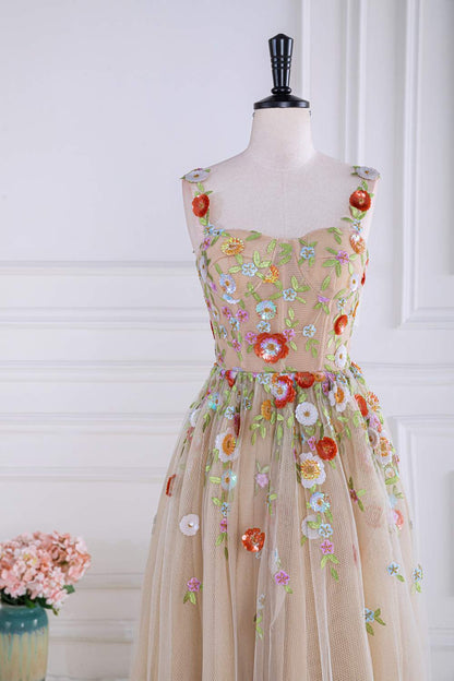 Dusty Pink Sequined Floral A-line Tulle Long Prom Dress