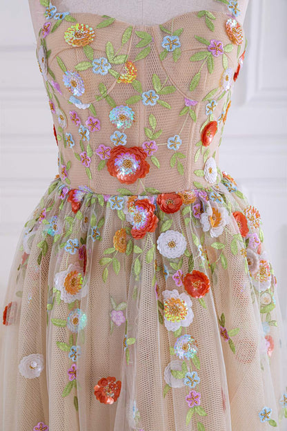 Dusty Pink Sequined Floral A-line Tulle Long Prom Dress