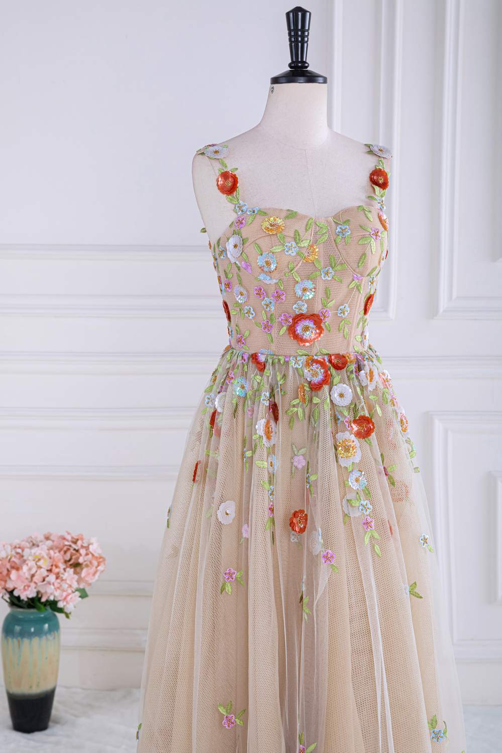 Dusty Pink Sequined Floral A-line Tulle Long Prom Dress