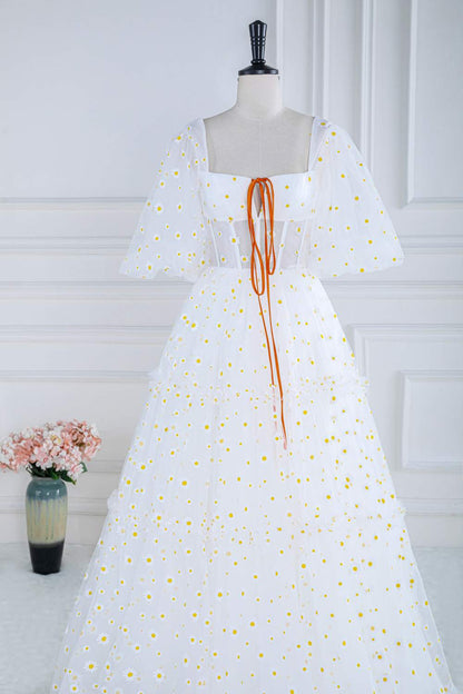 White Daisy Embroideries Puff Sleeves Ruffled Long Prom Dress
