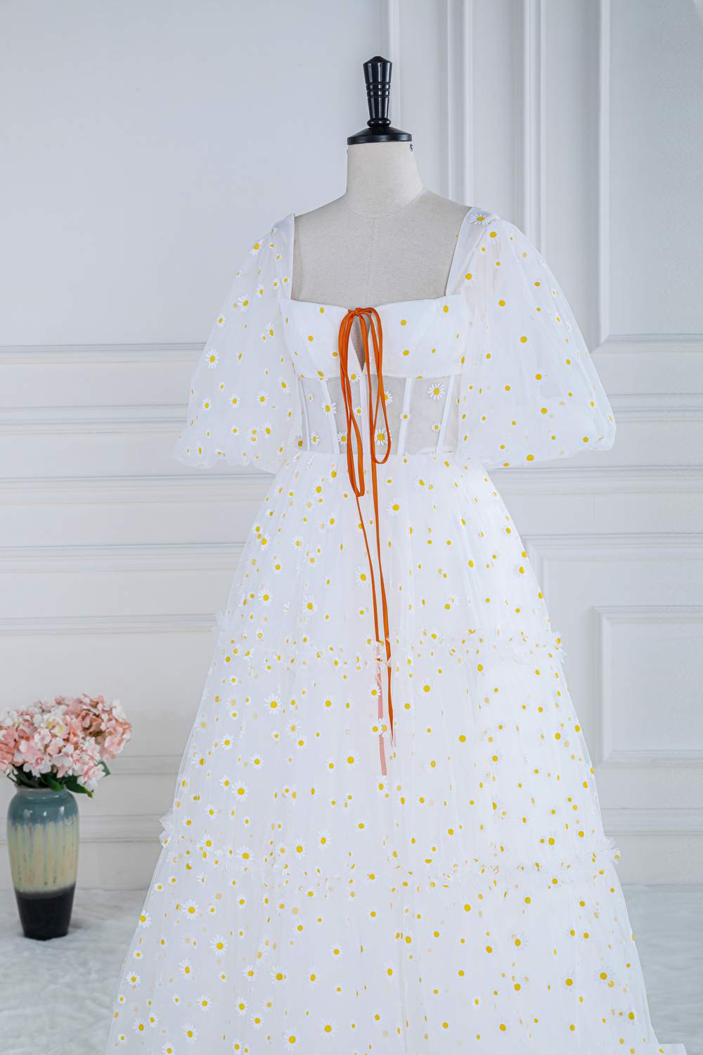 White Daisy Embroideries Puff Sleeves Ruffled Long Prom Dress