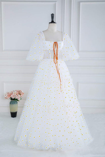 White Daisy Embroideries Puff Sleeves Ruffled Long Prom Dress