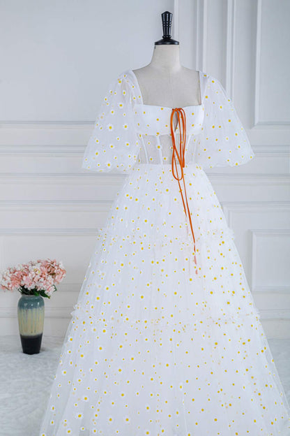 White Daisy Embroideries Puff Sleeves Ruffled Long Prom Dress