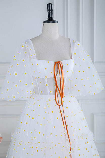 White Daisy Embroideries Puff Sleeves Ruffled Long Prom Dress