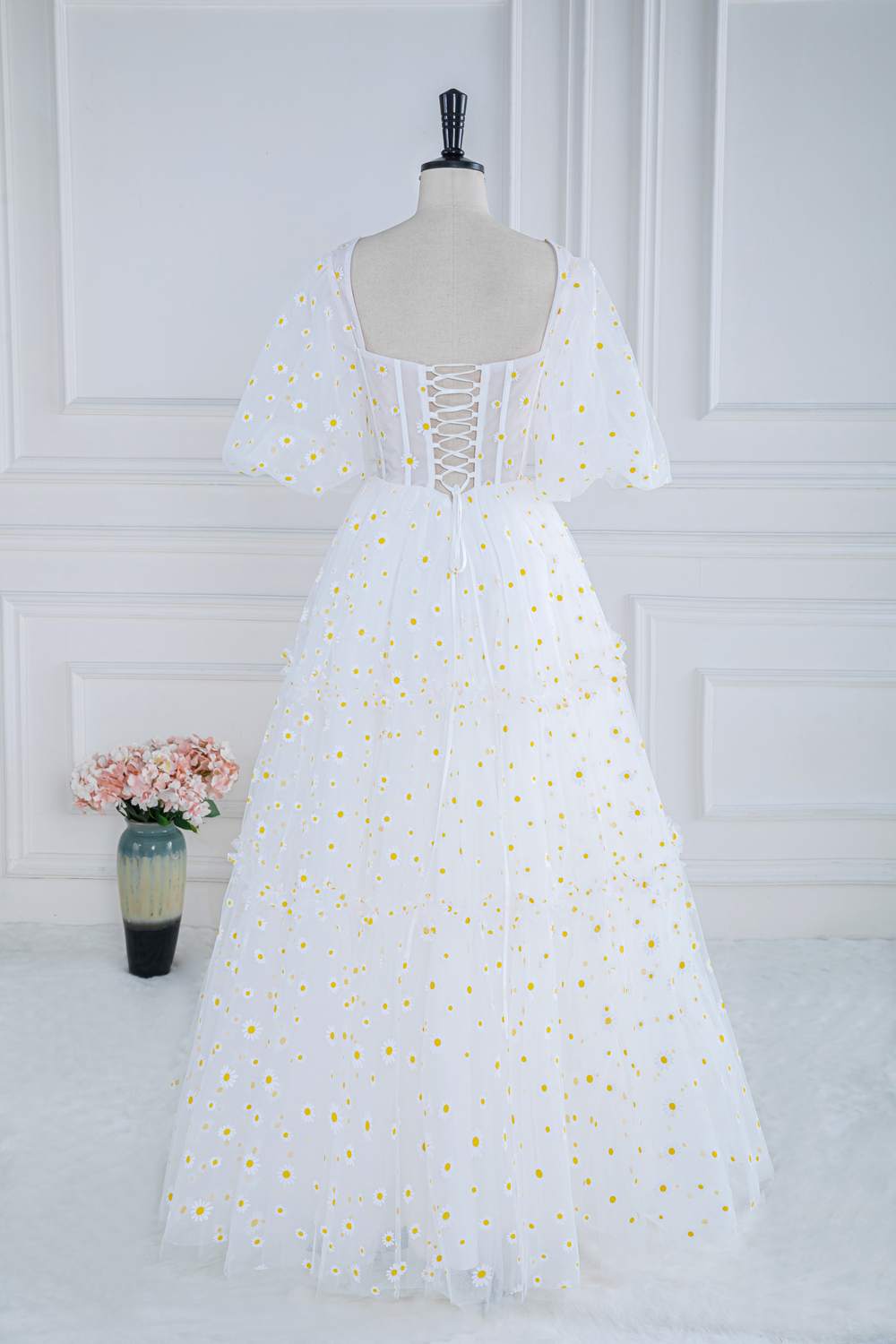 White Daisy Embroideries Puff Sleeves Ruffled Long Prom Dress