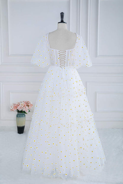 White Daisy Embroideries Puff Sleeves Ruffled Long Prom Dress