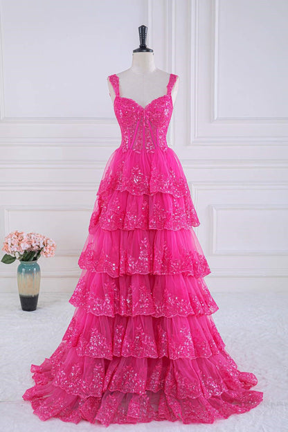Hot Pink Layers Sequined Floral Long Prom Dress