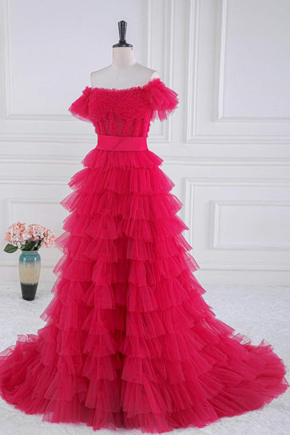 Rose Pink Ruffled Off-Shoulder Layers Long Prom Dress