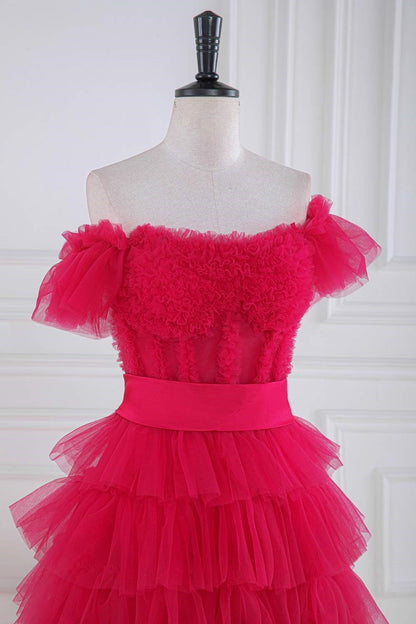 Rose Pink Ruffled Off-Shoulder Layers Long Prom Dress