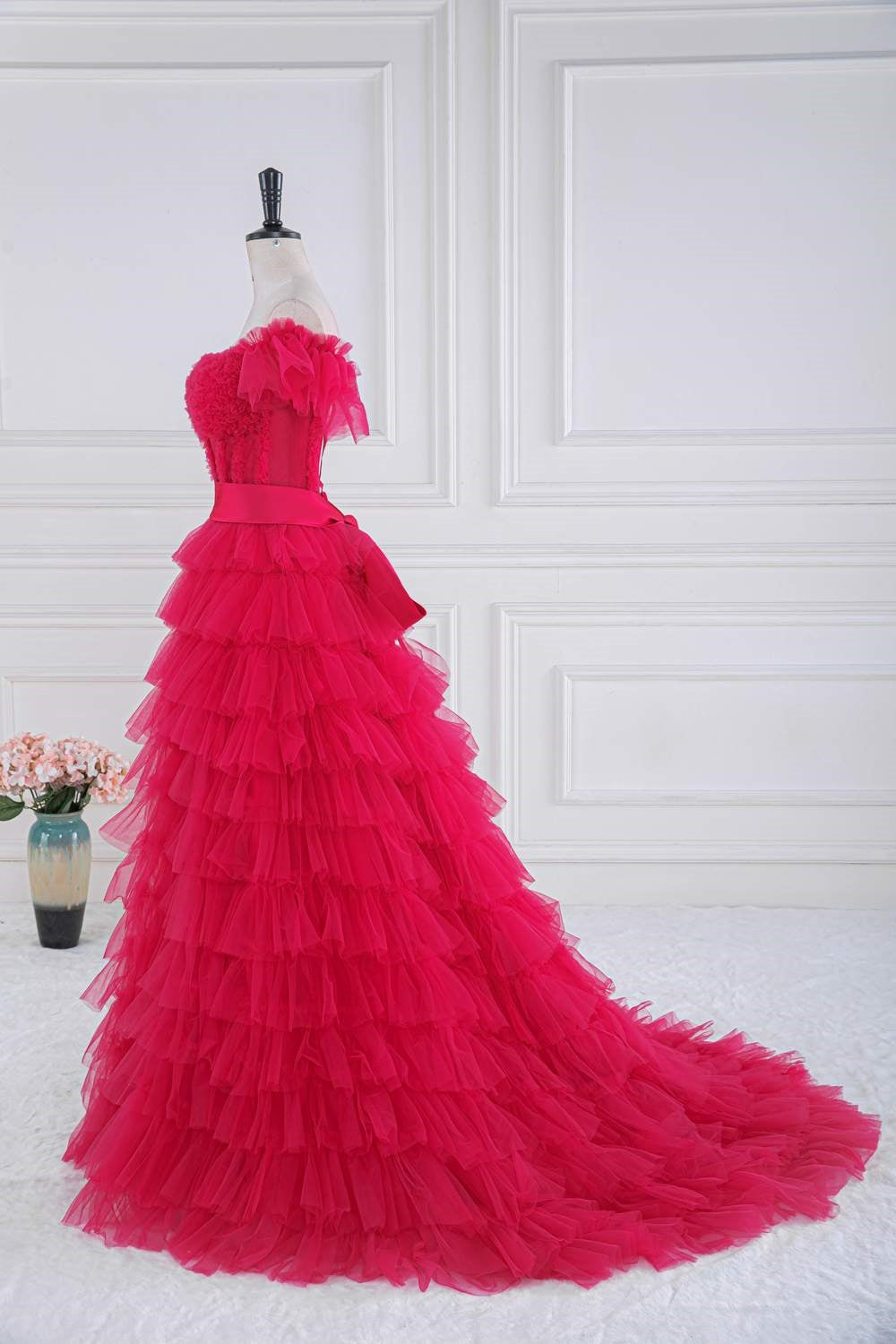 Rose Pink Ruffled Off-Shoulder Layers Long Prom Dress