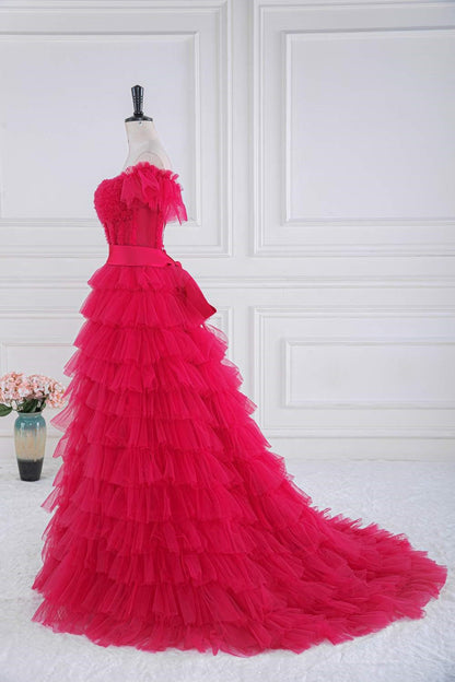 Rose Pink Ruffled Off-Shoulder Layers Long Prom Dress