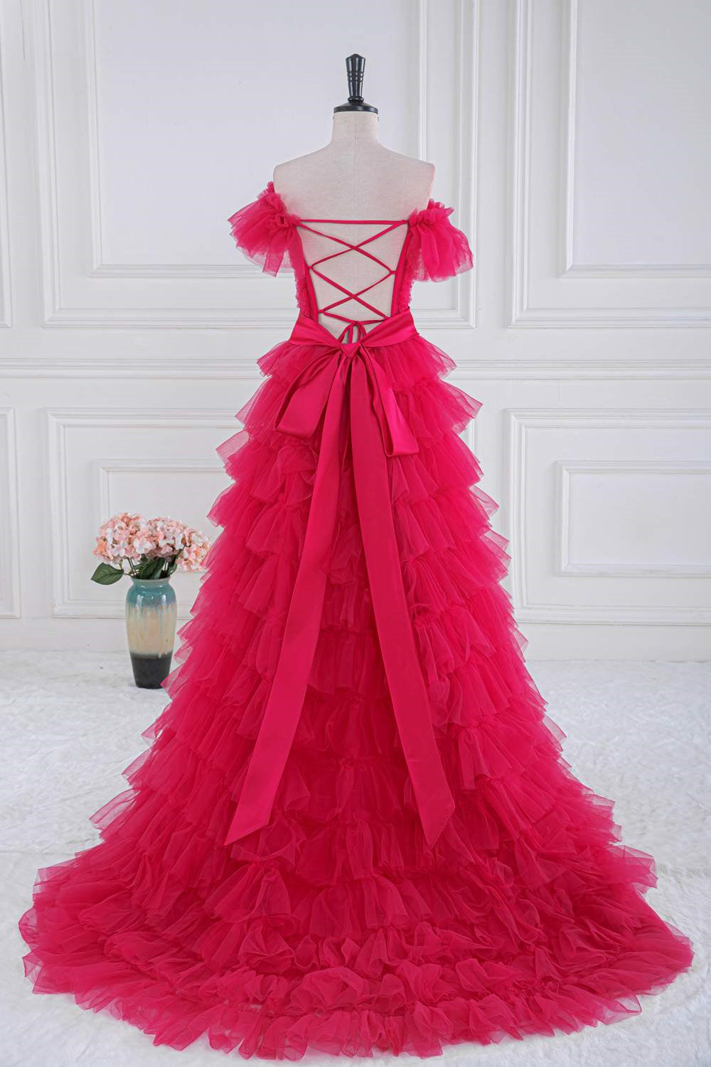 Rose Pink Ruffled Off-Shoulder Layers Long Prom Dress