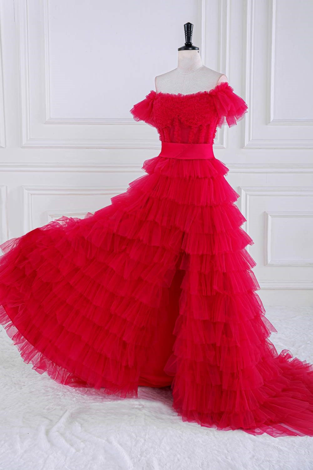Rose Pink Ruffled Off-Shoulder Layers Long Prom Dress