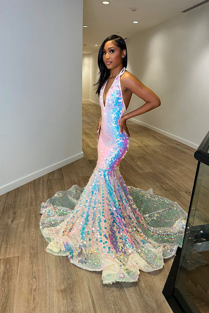 Halter Neck Sequins Sleeveless Mermaid Princess Prom Dress Sleeveless Laser Light Trumpet