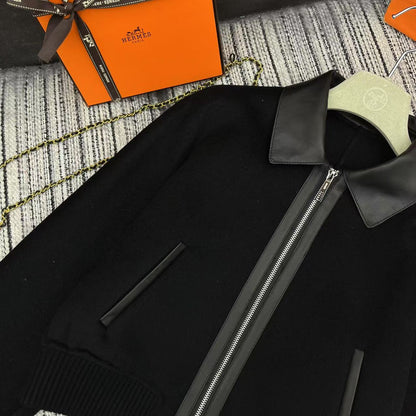 HM Patchwork Leather Lapel Double-faced Black Cashmere Jacket