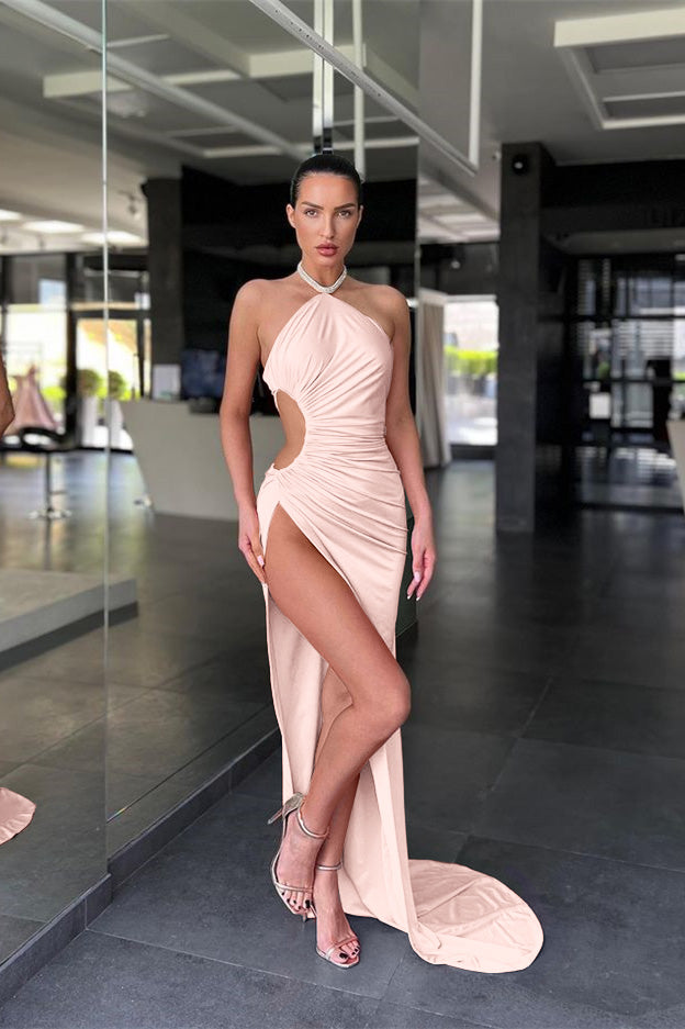 Halter Sleeveless Pink Mermaid Prom Dress Long Slit Online