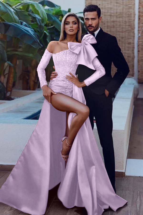 Long Sleeves Bowknot Burgundy Sequins Mermaid Prom Dress With Split
