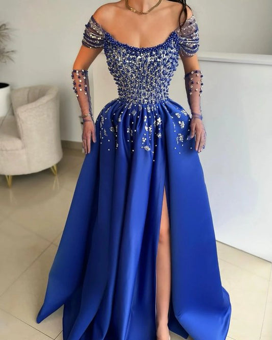 Royal Blue Off-The-Shoulder Prom Dress With Beaded Bodice And High Split