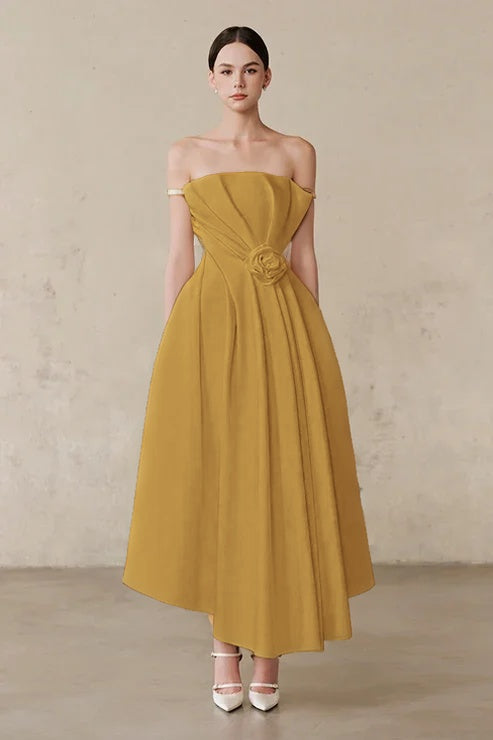 Ivory Off-the-Shoulder A-Line Evening Dress With Pleated