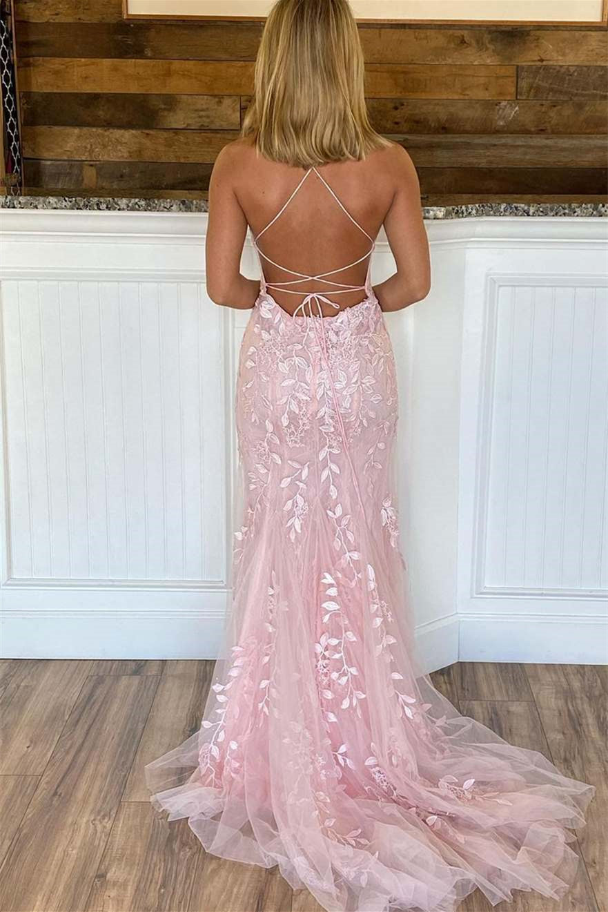Tulle Mermaid Prom Dress Spaghetti-Straps Open Back With Appliques