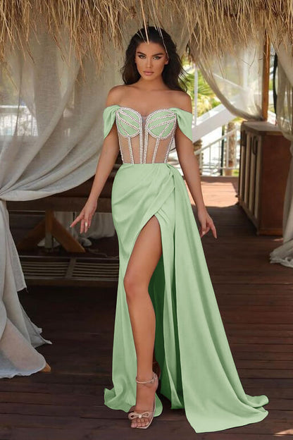 Champagne Ruffles Mermaid Prom Dress Beadings Split With Off The Shoulder