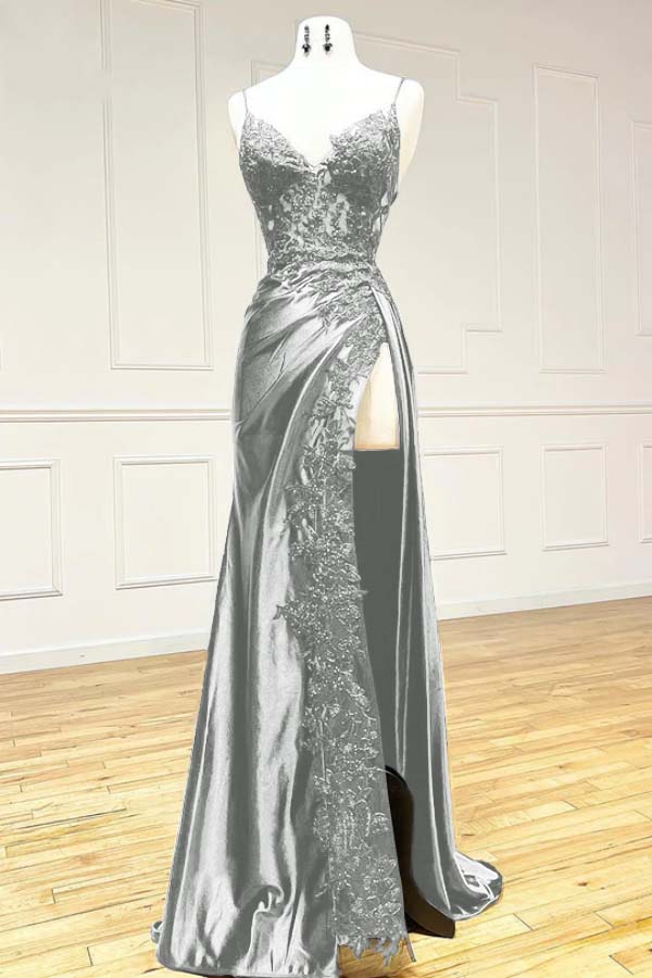 Black V Neck Spaghetti Strap Sleeveless Long Split Prom Dress with Embroidered