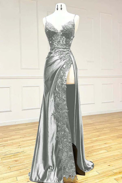 Black V Neck Spaghetti Strap Sleeveless Long Split Prom Dress with Embroidered