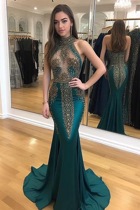 Dark Green Halter Sleeveless Mermaid Sequins Beading Prom Dress