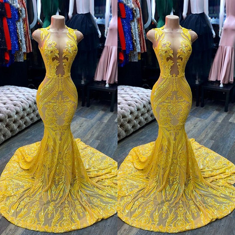 Mermaid Yellow Sequins Prom Dress Sleeveless