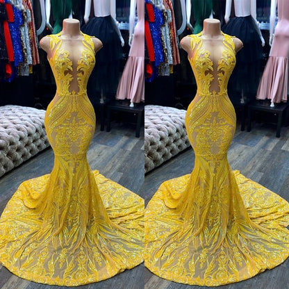 Mermaid Yellow Sequins Prom Dress Sleeveless