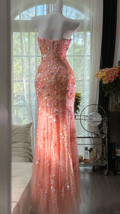 Glitter Strapless Pink Tulle Sequin Beaded Mermaid Party Dress Slit Long Evening Gown D867