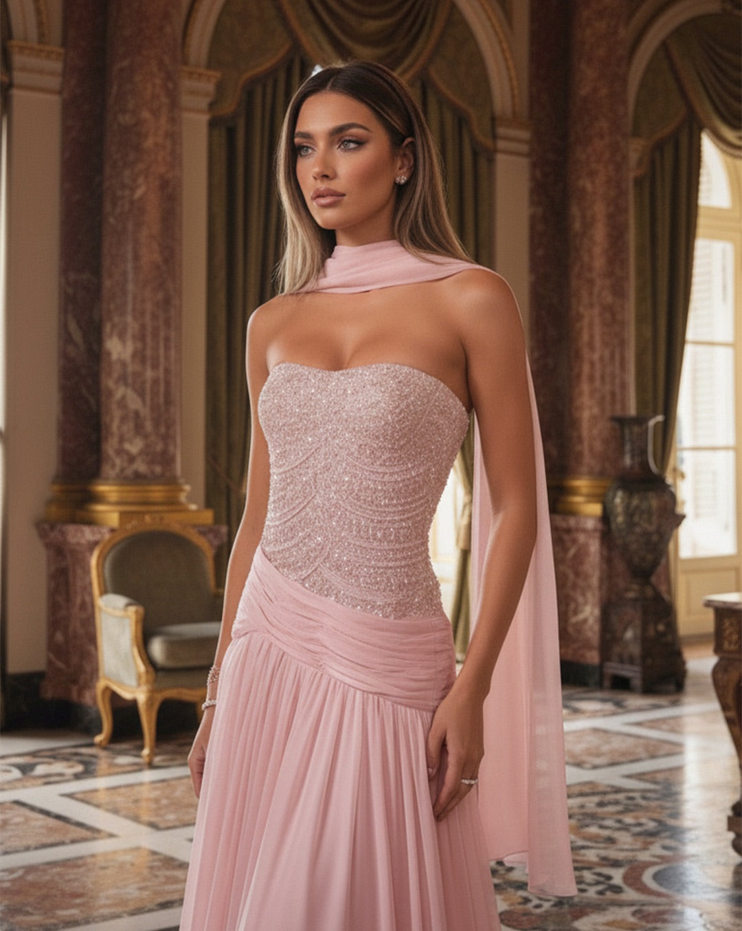 Strapless Beadings Sleeveless Square Prom Dress With Scarf
