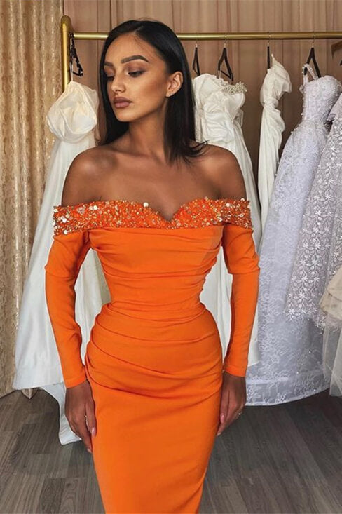 Chic Orange Off-The-Shoulder Long Sleeves Strapless Mermaid Prom Dress With Sequins