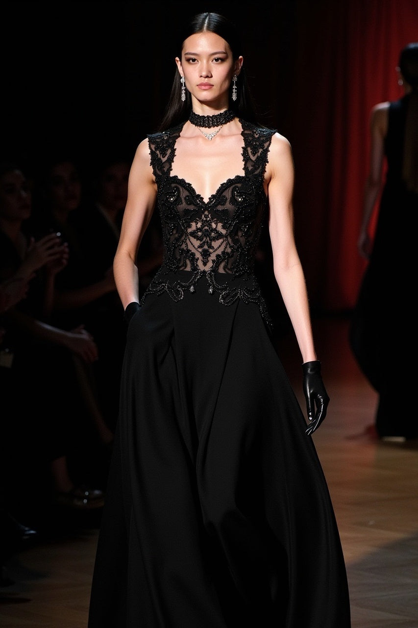 Black Sleeveless Wide Straps Sweetheart A Line Long Prom Dress With Appliques