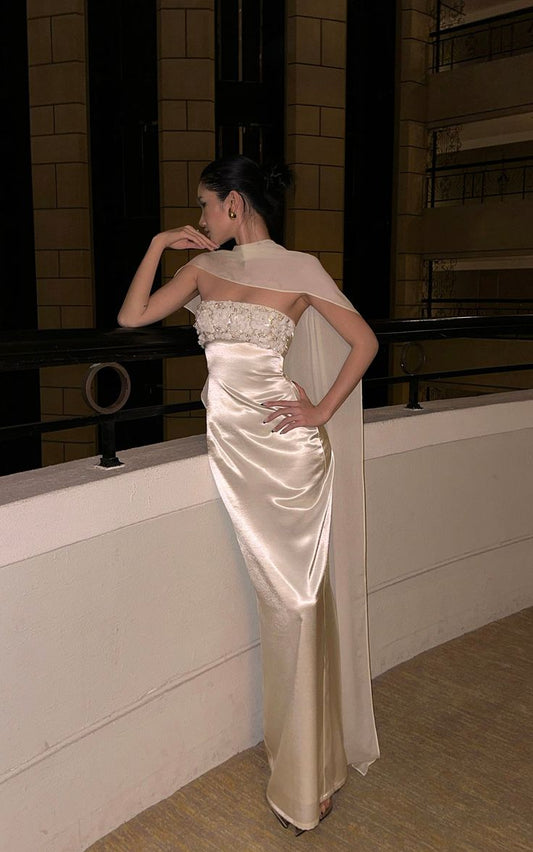 Elegant Sheath Strapless Beaded Ivory Satin Long Prom Dress Evening Dress SH5144