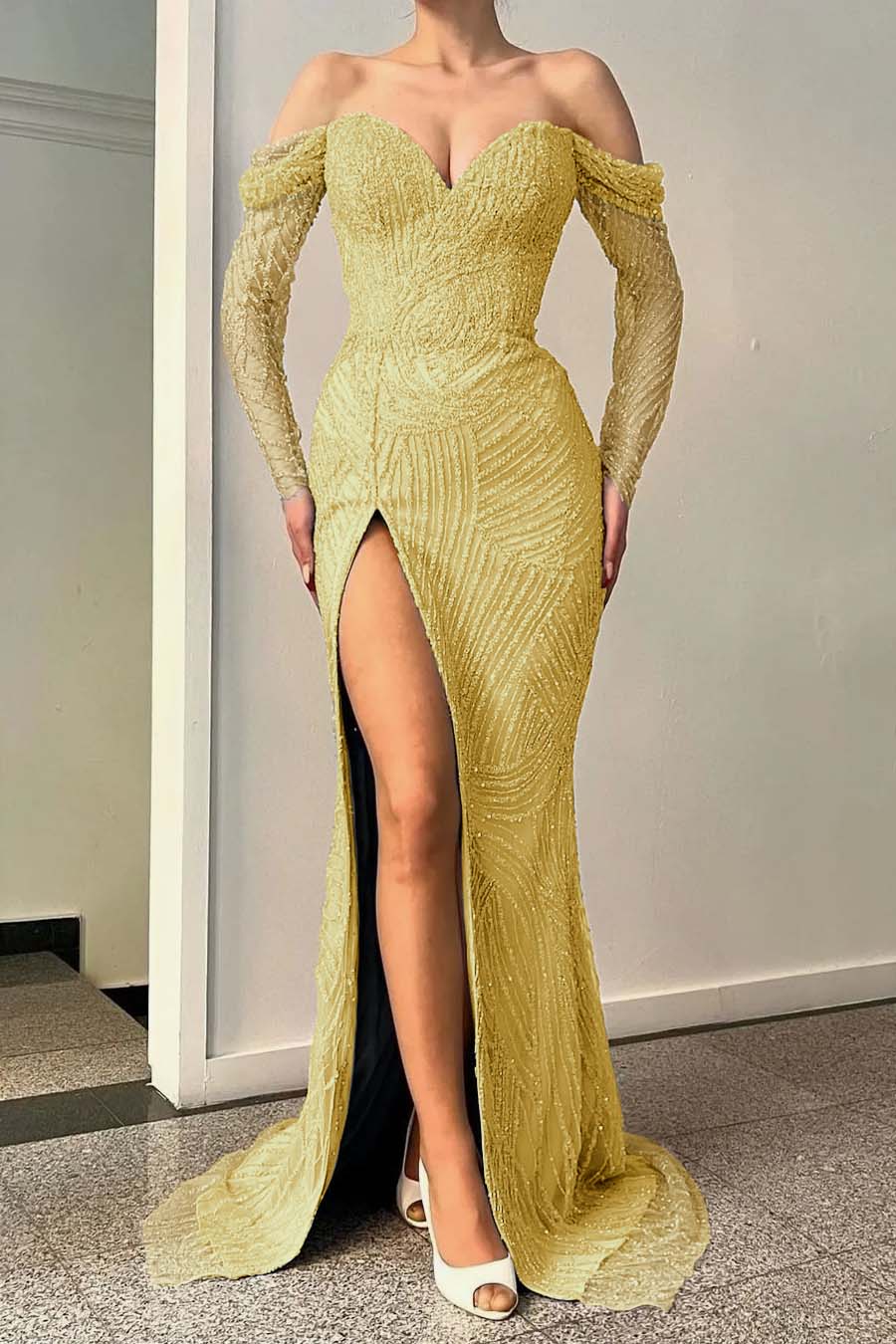 Blue Long Sleeves Off-The-Shoulder Sweetheart Sequins Evening Dress With Split Mermaid
