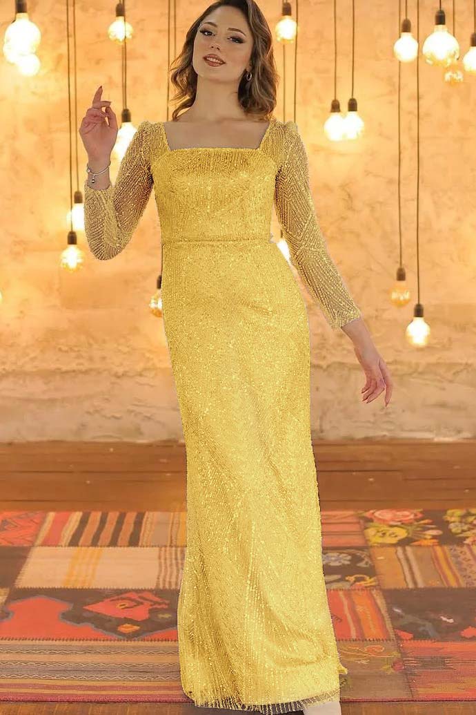 Luxurious Long Sleeves Square Long Evening Dress With Beading
