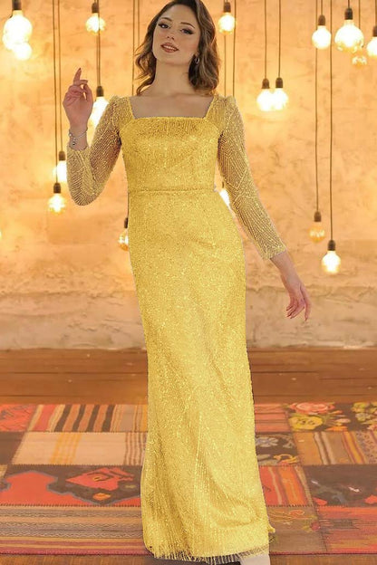 Luxurious Long Sleeves Square Long Evening Dress With Beading