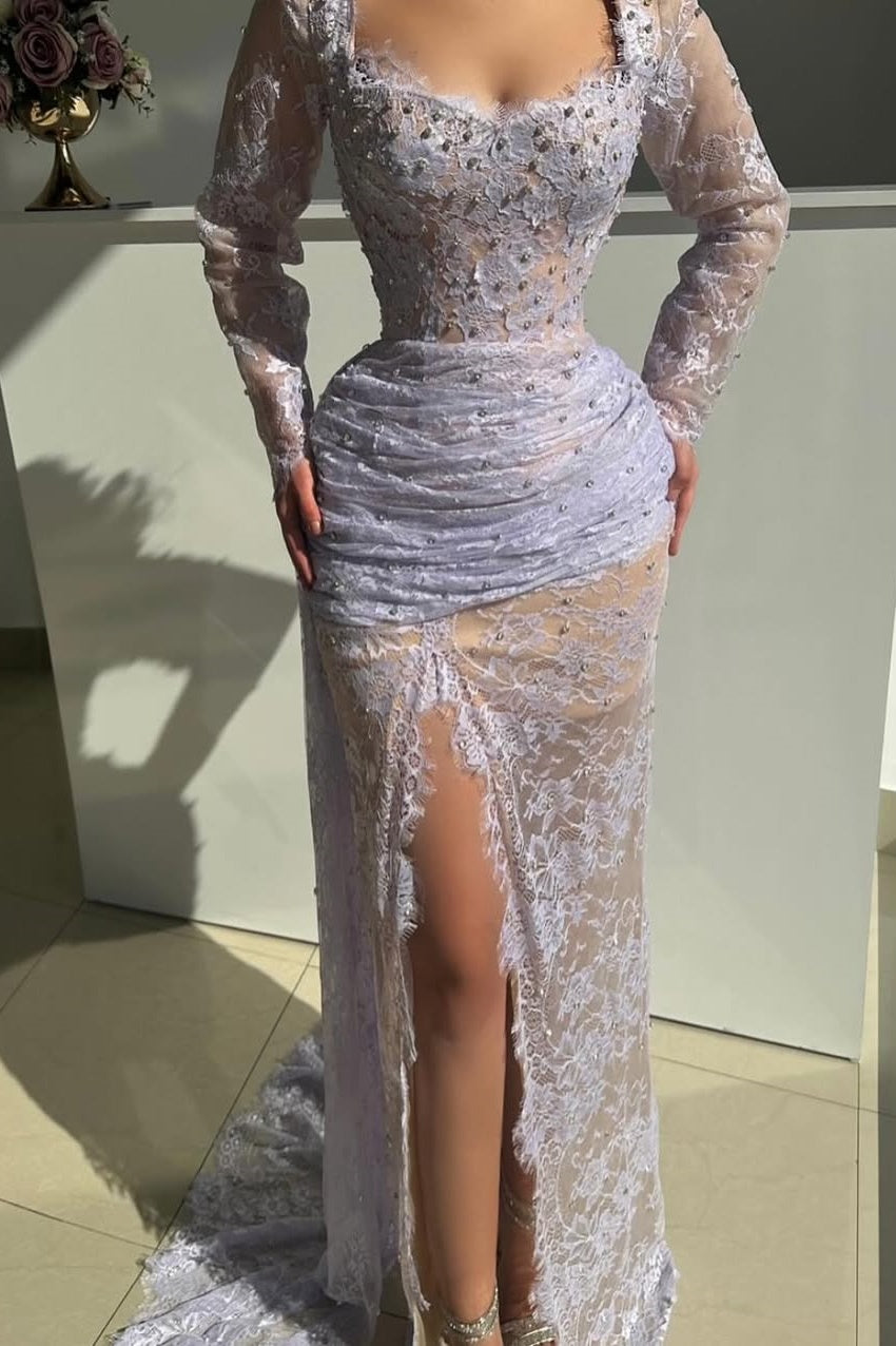 Long Sleeves Embroidery Square Mermaid Beads Prom Dress With Split