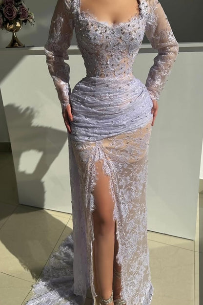 Long Sleeves Embroidery Square Mermaid Beads Prom Dress With Split