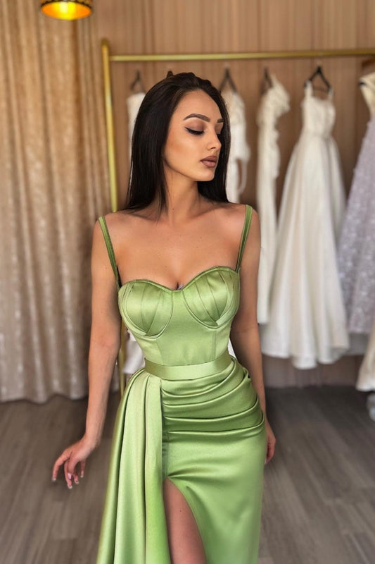Spaghetti-Straps Sweetheart Sage Mermaid Evening Dress With Slit