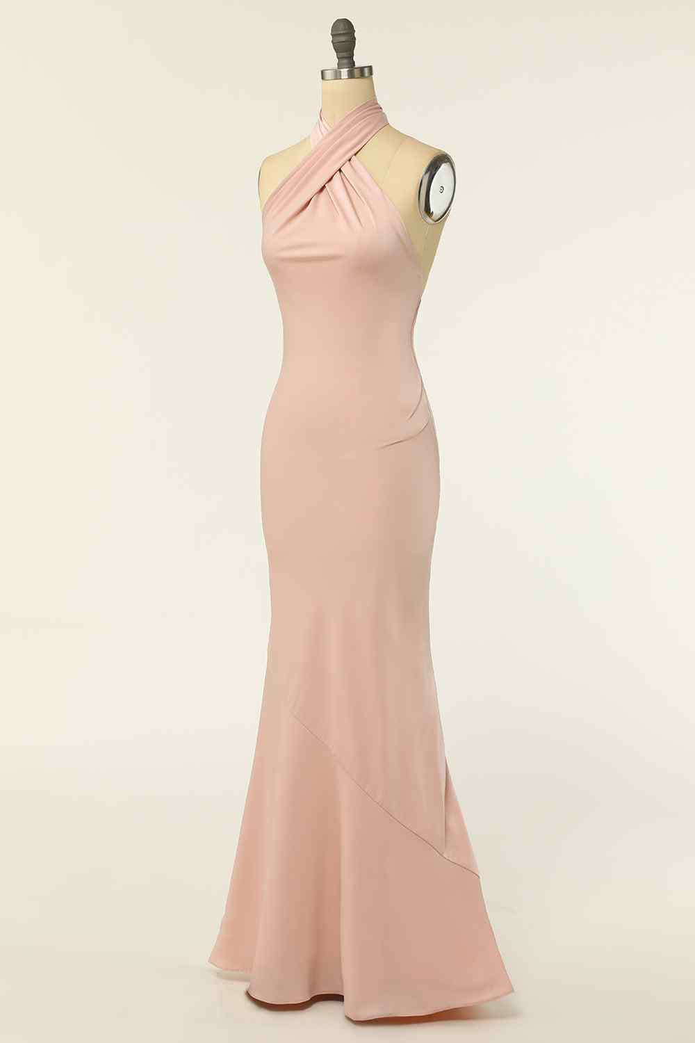Champagne Mermaid Halter Satin Pleated Long Bridesmaid Dress