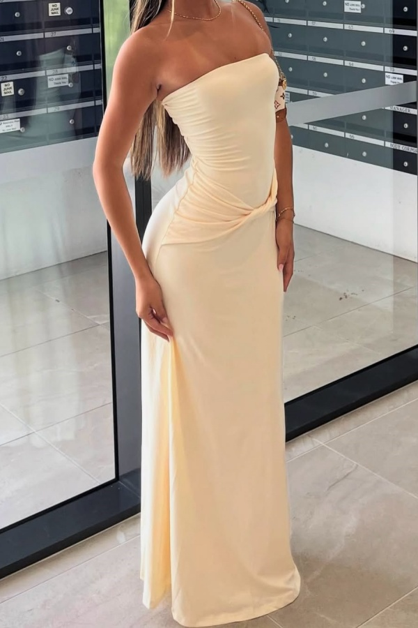 Cream-colored Semi-formal Strapless Pleated Sheath Prom Dress